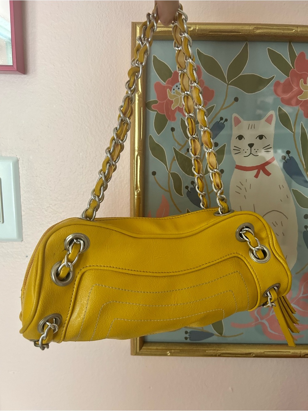 Vintage ALDO Y2K Mustard Yellow Leather Moto Baguette Bag Teal Interior